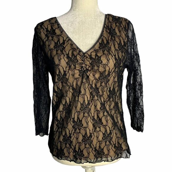 Vintage Floral Lace Long Sleeve Top L Black Nude - Picture 1 of 6